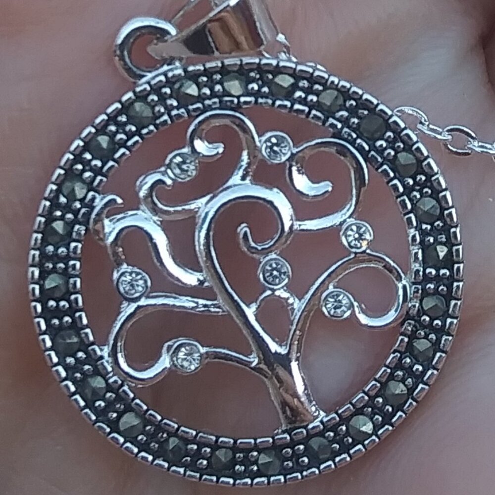 tree of life pendant marcasite and rhinestones fine silver plated necklace